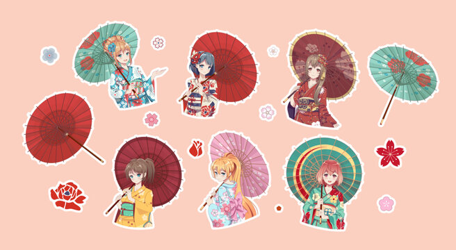 Set of stickers anime manga girl in kimono and umbrella. Cartoon Vector Illustration