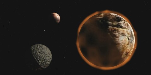 Space landscape, exoplanet with satellites, 3d rendering