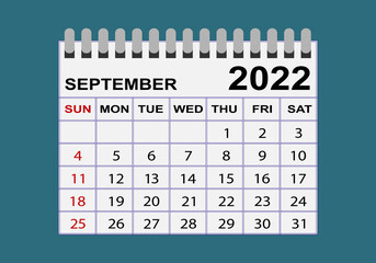 Icono de calendario. Hoja de calendario del mes de septiembre del año 2022 con el formato anglosajón o inglés - obrazy, fototapety, plakaty