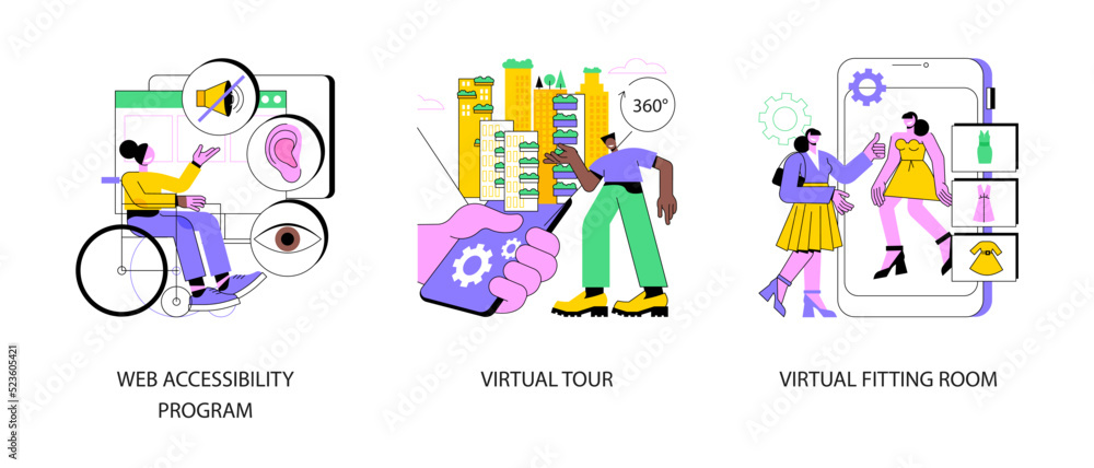 Poster online inclusivity abstract concept vector illustration set. web accessibility program, virtual tour