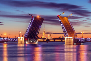 Palace Bridge at sunrise. Moveable bridge. Saint Petersburg. Russia.