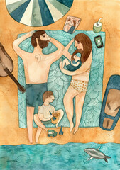 A family of four on a beach with guitar and surf board