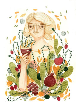 Lady holding a cup in between plants, flowers and fruit