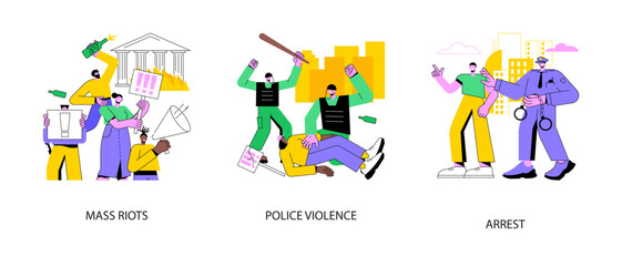 Fototapeta na wymiar Street action abstract concept vector illustration set. Mass riots, police violence, public protest arrest, mass unrest, law enforcement, vandalism and looting, political activism abstract metaphor.