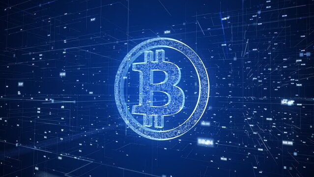 Bitcoin currency sign moving in digital cyberspace animation. Abstract financial security concepts background. Seamless loopable animation.
