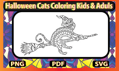 Halloween Coloring Book Pages for Kids. Coloring book for children. Halloween.Beautiful Halloween Cats Adult Coloring Book.Halloween Cats Coloring Book for Kids & Adult