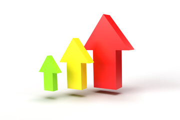 3d render. Red yellow and green up arrows on white background. 