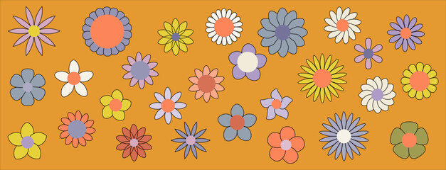 Vector flowers illustration in simple linear style - design templates - groovy  hippie style.