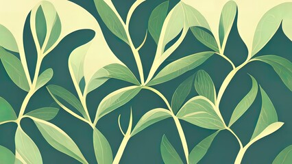 Organic green leaf texture. Abstract pattern of graphic vegetal leaves. Healthy organic, natural feeling. Stylized 4k background, backdrop illustration. Pastel colors.