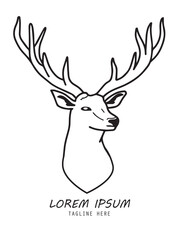 Outline of Reindeer wild head and horn. hand drawing and Fill color for pattern, logo, tattoo, design, badges. Vector illustration isolated on white background. 