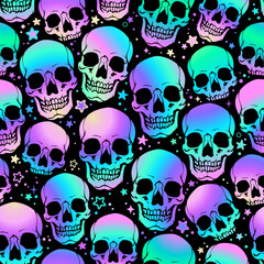 Holographic bright skulls on a black background. Seamless pattern