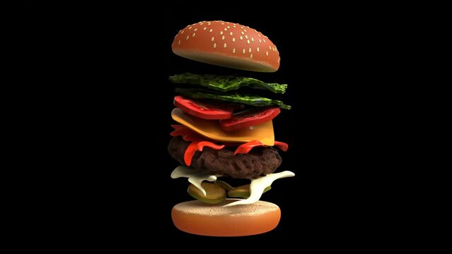 Animated 360 degree rotating Burger with separate Fast food Concept on Black background. 3D rendering.