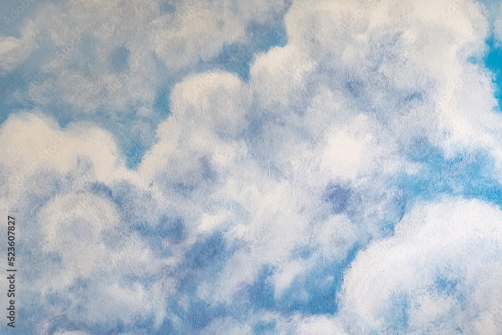 Wall mural beautiful painting of clouds and sky on cement wall. scratched blue wall texture(backdrop surface). 