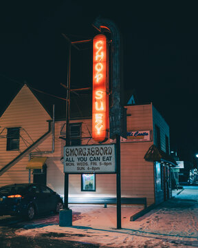 Neon Chop Suey sign at night, Kingston, New York