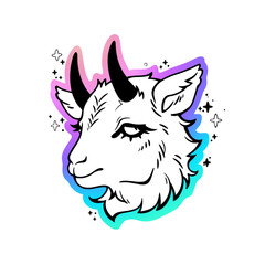 the head of a goat cub in a bright holographic outline