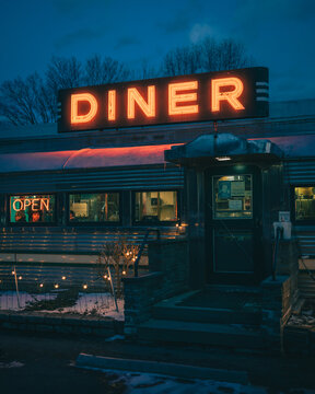 The Historic Village Diner Neon Sign At Night, Red Hook, New York