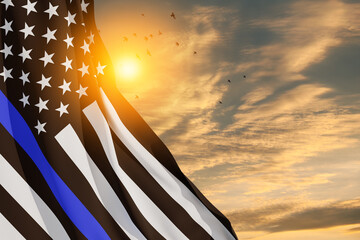 American flag with police support symbol Thin blue line on sunset sky with birds. Police in society...