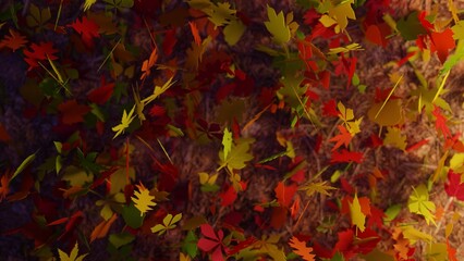 3D rendering. Red, green, orange and yellow colored leaves falling on the ground in autumn season. Autumn background at night with a yellow light on the right side.