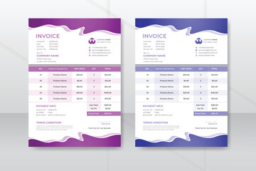 Modern and corporate invoice template with white background, creative and unique abstract style invoice design with 2 color variations