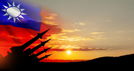 The missiles are aimed at the sky at sunset with Taiwan flag. Nuclear bomb, chemical weapons,...