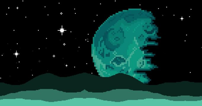 Pixel art space animation. Planet, stars, space. Pixel art 8 bit vector game retro. Blue pixel planet. Seamless animation
