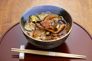 buckwheat noodles with weeping milk cap mushrooms ( Chitake soba ), Japanese noodle dish