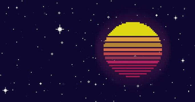 Pixel art space animation. Planet, stars, space. Pixel art 8 bit vector game retro. Retro pixel planet. Seamless animation
