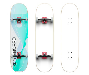 skateboard deck template, empty space for your graphic. Two versions - with trucks and only a board - PNG format - easy replacement of background and deck painting - obrazy, fototapety, plakaty