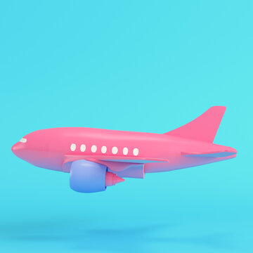 Pink passenger airplane on bright blue background in pastel colors