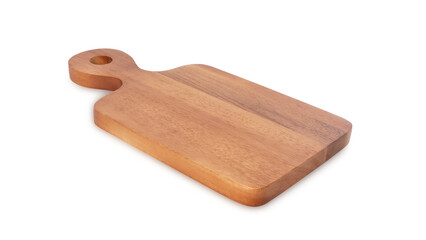 Top view of Brown hardwood cutting board for kitchen accessories square shape with handles and hole for hanging. on a white background.