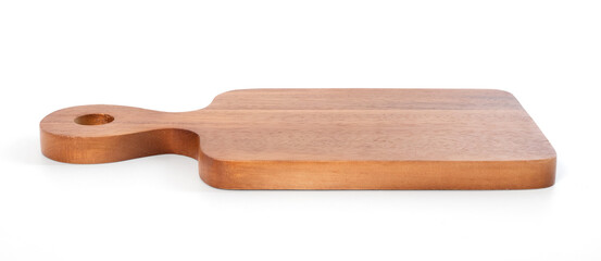 Top view of Brown hardwood cutting board for kitchen accessories square shape with handles and hole for hanging. on a white background.