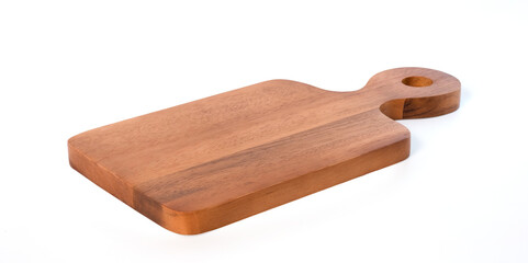 Top view of Brown hardwood cutting board for kitchen accessories square shape with handles and hole for hanging. on a white background.