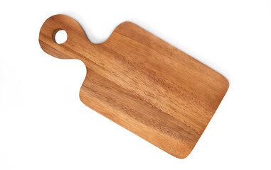 Top view of Brown hardwood cutting board for kitchen accessories square shape with handles and hole for hanging. on a white background.