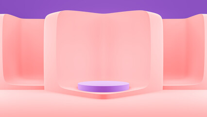 3D rendering. Cylinder purple product background stand display or podium pedestal on advertising display with pink block backdrops. and purple background.