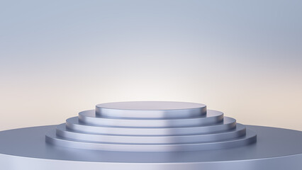 3D rendering. silver cylinder product background stand display or podium pedestal on advertising display with light silver step floor. bright background.