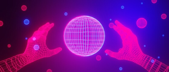 robot hand, abstract backgound video game of esports scifi gaming cyberpunk, vr virtual reality simulation and metaverse, scene stand pedestal stage, 3d illustration rendering, futuristic neon glow © issaronow