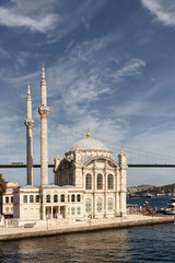 View of famous, historical Ortakoy mosque in Istanbul. It is a sunny summer day.