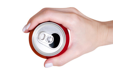 Red pink can of soda in hand on white background isolation, top view