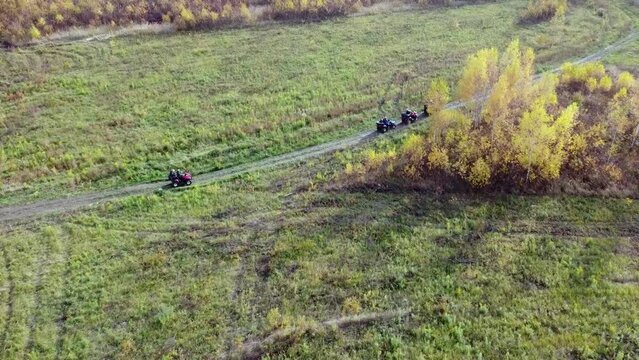 A trip on QUAD bikes in a field in nature, aerial photography from a quadcopter