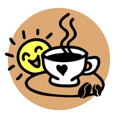 Funny coffee cup for morning caffeine kick. Logo design, poster print decoration for cafe, restaurant menu. Simple silhouette illustration.