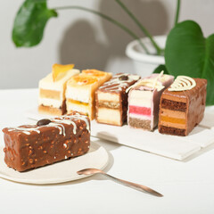 set of mini vegan layered cakes on a table, chocolate and fruit confi filled cakes with layers shown. vegetarian desserts, healthy lifestyle. birthday or party sweet table.