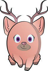 Cute round abstract animal with big ears and horns looking forward.