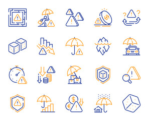 Risk management line icons. Safety umbrella, Iceberg threat and dice gambling set. Reduce finance, win chance and maze labyrinth line icons. Crisis management, insurance umbrella, threat risk. Vector