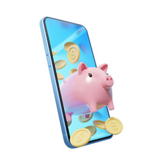 coin, piggy bank flew out of phone on blue background. Mobile banking and Online payment service. Saving money wealth and business financial concept. Smartphone money transfer online. 3d render.