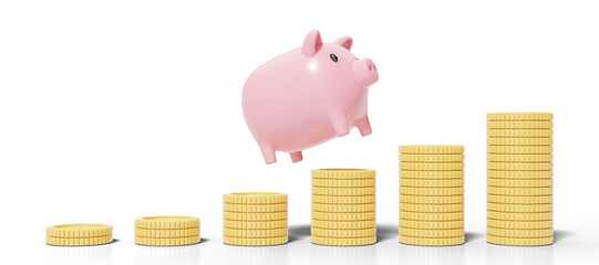 Gold coins stack with pink piggy bank floating on blue background. mobile banking and Online payment service. Save dollar coin in Pig box. Saving money wealth and business financial concept. 3d render
