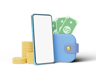 Phone with stacks coins, cash money into wallet floating on blue background. Mobile bank, Online payment service. Saving wealth and business financial concept. Smartphone transfer online. 3d render.