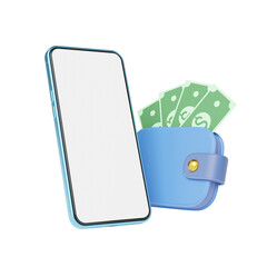 Phone with cash money into wallet float on blue background. Mobile banking and Online payment service. Saving money wealth and business financial concept. Smartphone money transfer online. 3d render.