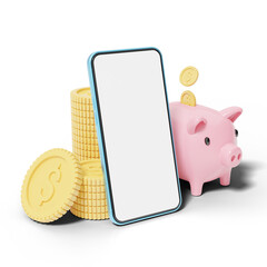 Gold coin falling into pink piggy bank. Phone with stacks coins. Mobile banking and Online payment service. Save dollar in Pig money box. Saving money wealth and business financial concept. 3d render.