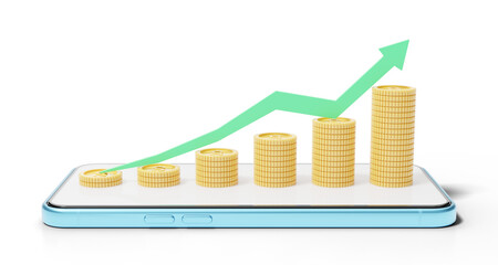 Gold coins stack graph with green arrow up on blue phone background. Mobile banking and online payment service, e commerce. Steps to success. Saving wealth and business financial concept. 3d render