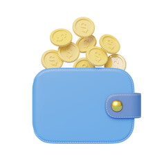 Gold coin falling into wallet floating on blue background. mobile banking and Online payment service. Save dollar coin in Pig money box. Saving money wealth and business financial concept. 3d render.